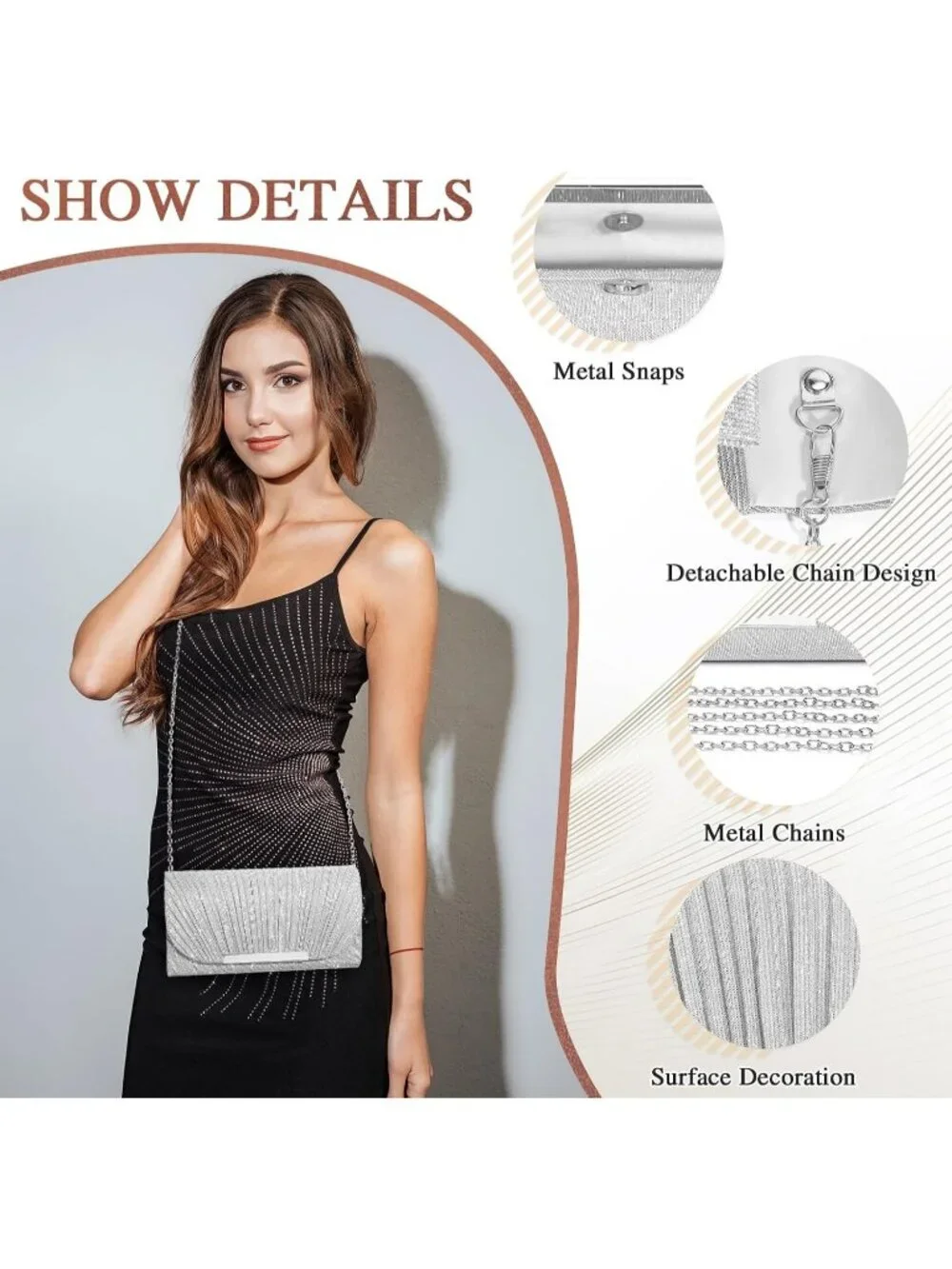 Women's Silver Clutch Purse Formal Evening Bag Wedding Party Handbag